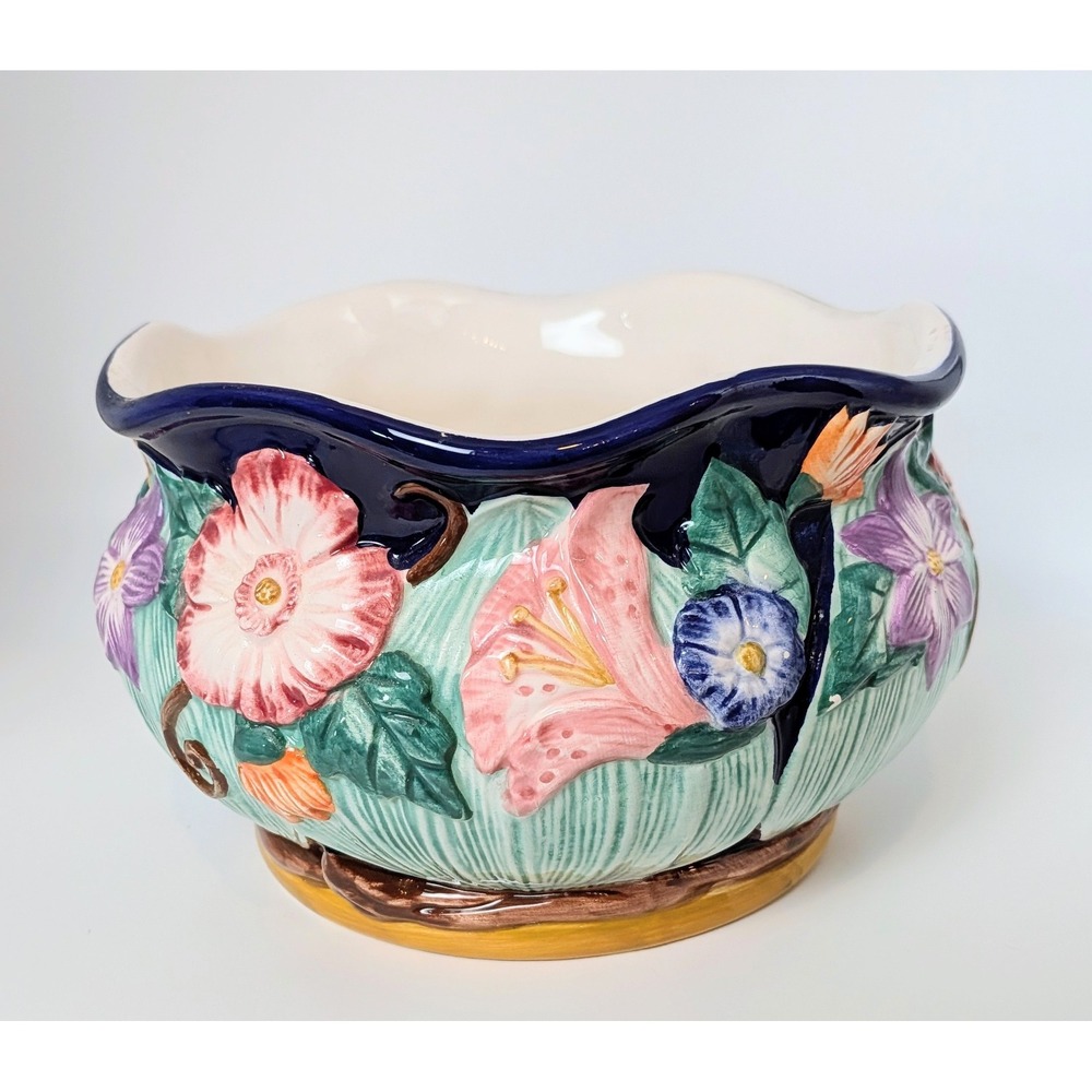 Vintage Fitz and Floyd Hand-painted Ceramic Majolica Floral Planter